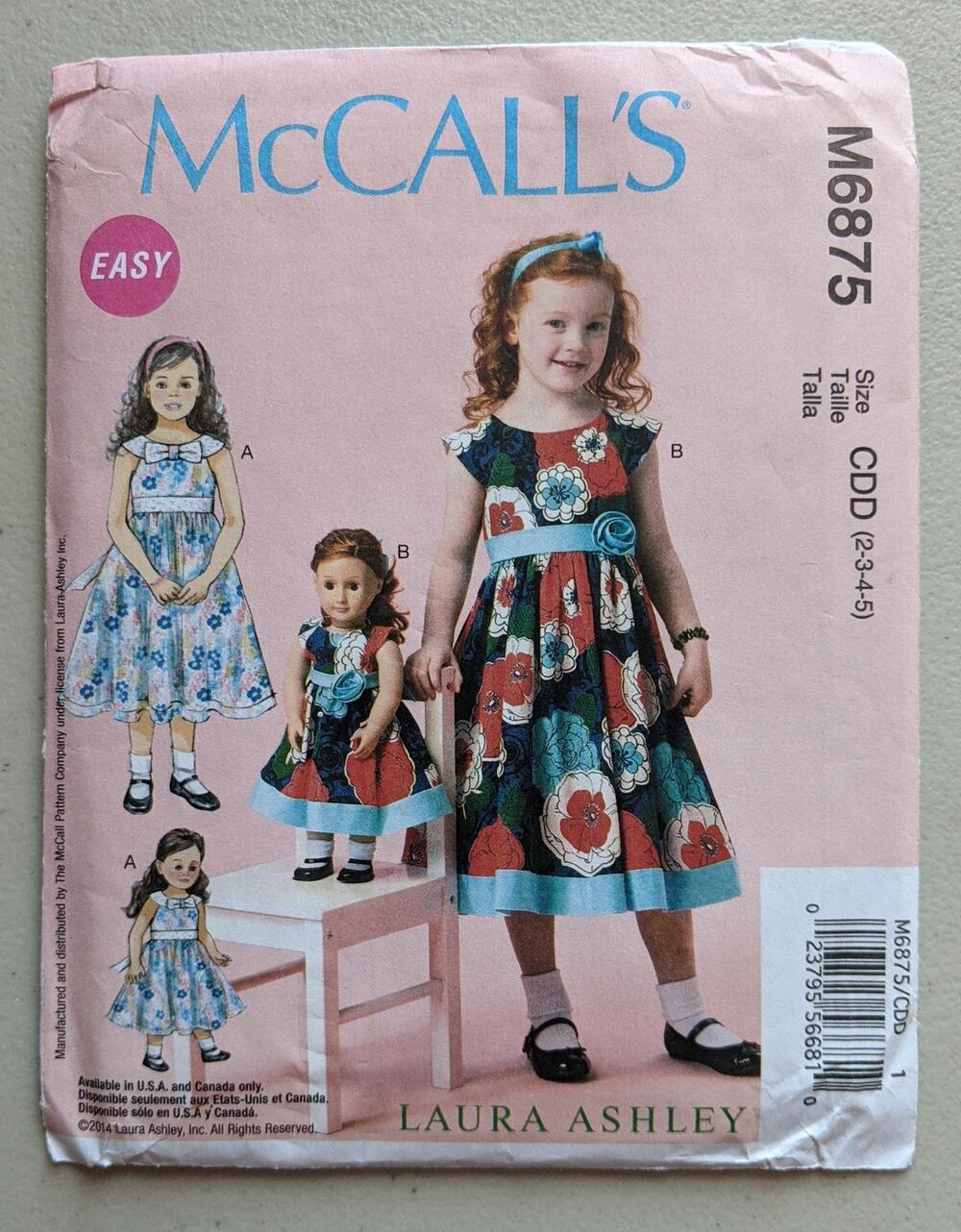 UNCUT McCall's Pattern 6875 Girls' & Dolls Dress Size 2-5 Laura Ashley